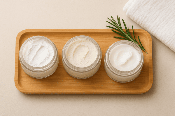 Three open jars of natural deodorant with different textures, on a bamboo tray with rosemary and a white cotton facecloth.