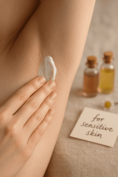 Close-up of a hand gently applying creamy deodorant under the arm, with essential oils and a 'for sensitive skin' notepad softly blurred behind.