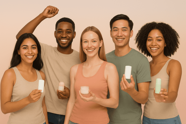 Diverse people smiling, holding deodorant and showing underarms against a pastel gradient background.