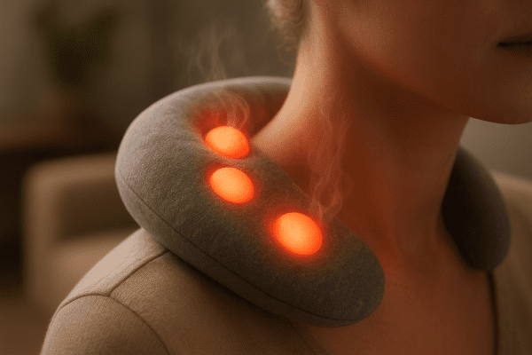 High-tech neck massager with glowing heated nodes, enhancing circulation around a user's neck.