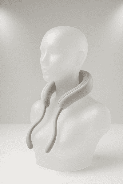 Ergonomic neck massager on clear mannequin, emphasizing memory foam and flexible arm design.
