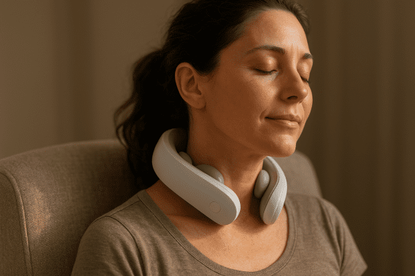 User experiencing deep tissue neck massage, device in motion, visible muscle relief.