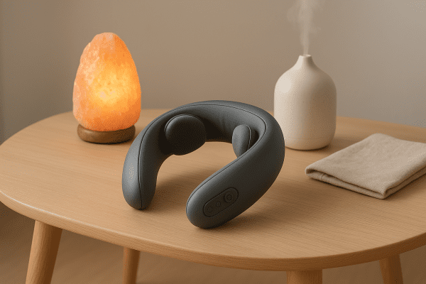 Neck massager with memory foam and vibration, surrounded by salt lamp and diffuser.