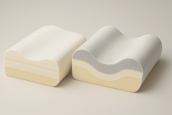 Cross-section of memory foam and contoured support neck pillows with visible foam density layers and ergonomic contours.