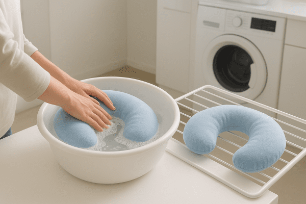 Person hand-washing and air-drying a microfiber neck pillow in a bright, clean laundry area.