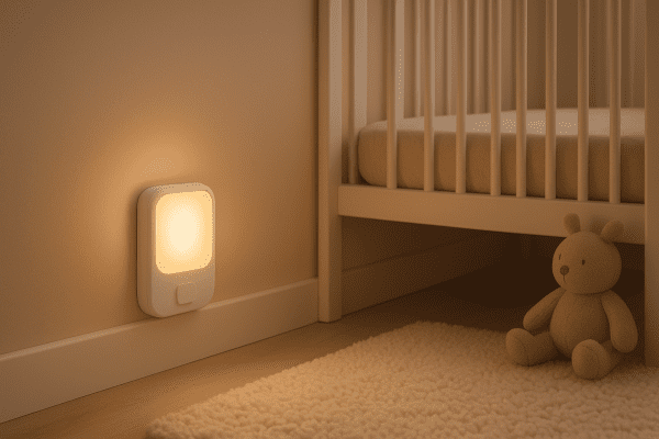 A child-safe night light with anti-tamper cover glows softly in a pastel nursery.