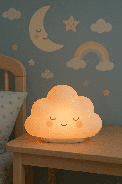 A cloud-shaped night light glows in pastel colors, matching a dreamy nursery theme.
