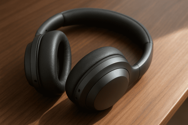 Angle view of premium noise canceling headphones on a walnut desk, microphones and ear cups in focus.