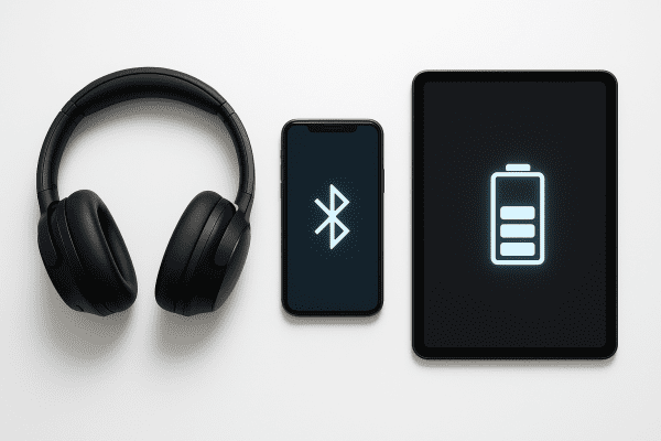 Wireless headphones next to a smartphone showing Bluetooth and a tablet with a battery icon on a minimalist desk.