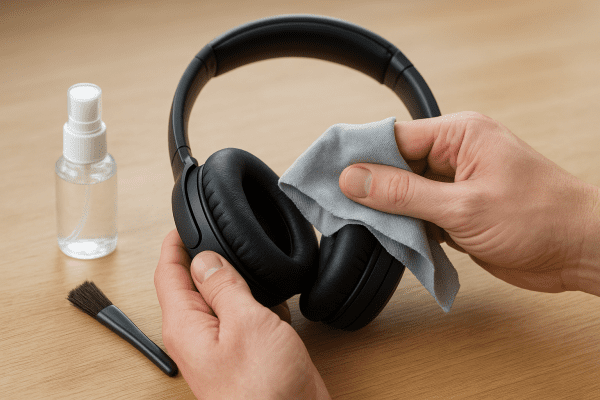 Hands cleaning headphones with microfiber cloth, brush and cleaning solution on clean wooden workbench.
