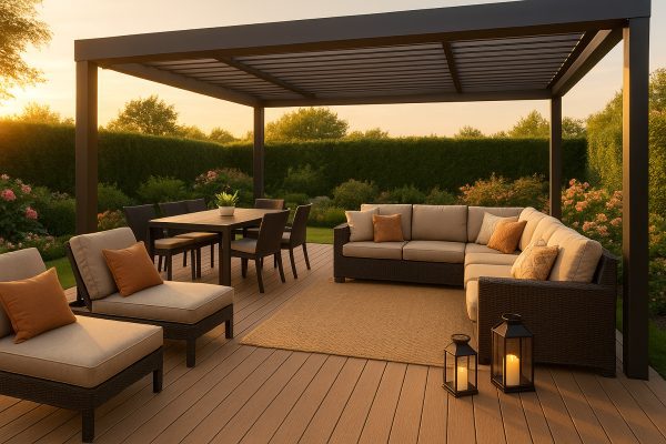 Outdoor living space with sectional sofa, lounge chairs, and dining table under a modern pergola on a composite deck, surrounded by blooming flowers.