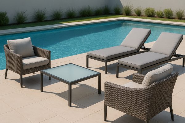 Poolside with wicker chairs, frosted glass table, aluminum loungers with waterproof cushions, and minimalist landscaping.
