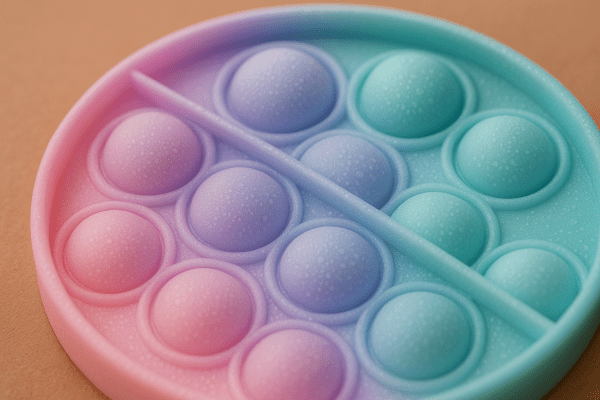 Extreme macro of a pastel ombre pop it fidget toy, showing soft tactile silicone bubbles.