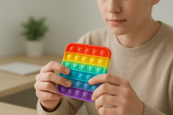 Hands gently pressing pop it bubbles, with a calm, focused expression in the soft background.