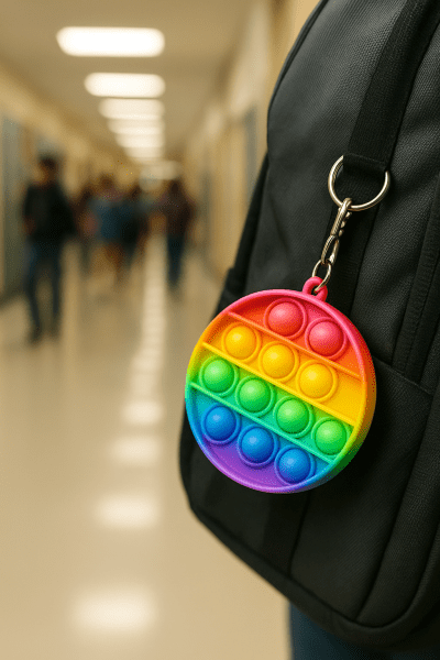 Pop it keychain clipped to a backpack, neon colors, blurred school hallway background.