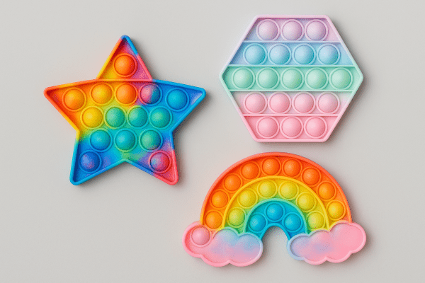 Flat lay of pop it toys in star, hexagon, and rainbow shapes with colorful gradients.