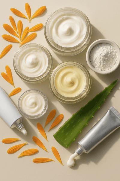 Open jars and tubes of rash cream with calendula, aloe, and zinc oxide displayed on a clean surface.