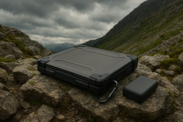 Closed rugged laptop with bumpers and carabiner on rocky mountain terrain, power bank beside it.