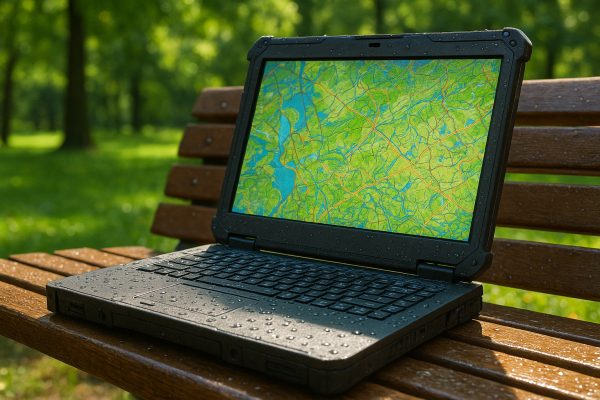 Rugged laptop with a bright map display on a wet park bench, raindrops on screen and keys.