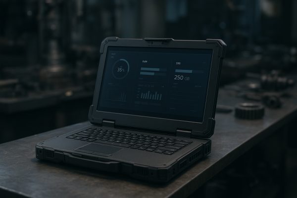 Rugged laptop open on a steel workbench, system dashboard on screen, industrial tools blurred behind.