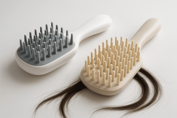 Ultra-detailed side-by-side view of two scalp massagers, one with silicone bristles and one with plastic, on a smooth white surface with hair strands.