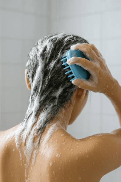 Person using a scalp massager to work shampoo into wet hair, with foamy lather and soft shower background.