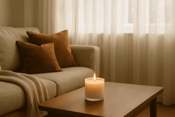 Lit scented candle on walnut coffee table, surrounded by velvet pillows, wool throw, and sunlight through linen curtains in a tranquil living room.