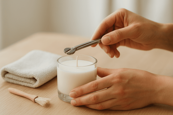 Hands using a wick trimmer on an unlit glass candle, with a microfiber cloth and brush nearby for cleaning.