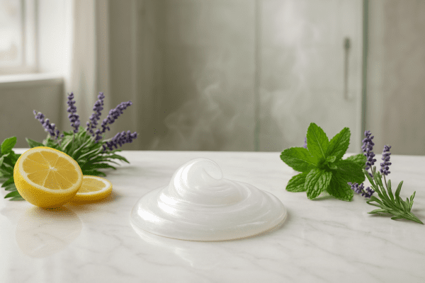 Pearlescent clear shower gel swirled on white marble, surrounded by fresh botanicals in a spa bathroom.