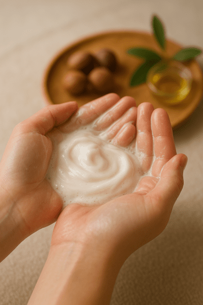 Cupped hands with rich shea butter shower gel, with shea nuts and oil on a wooden tray in background.