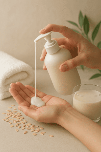 Milky oat shower gel dispensed into palm, with oat grains, glass of oat milk, and white towel.