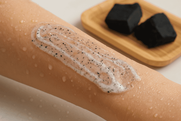 Exfoliating gel with charcoal particles on wet forearm, charcoal and bamboo in background.