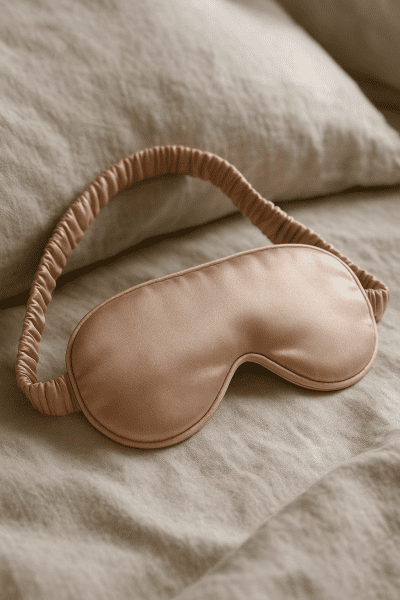 Detailed close-up of mulberry silk sleep mask with ergonomic, padded strap resting on softly rumpled linen bedding.