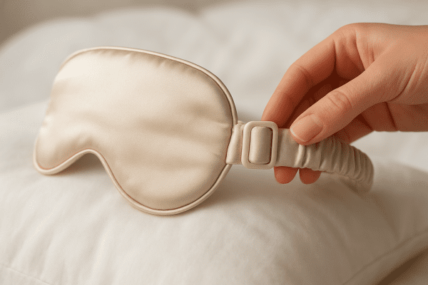Macro image of hand adjusting silk sleep mask\u2019s padded strap and sliding buckle on a fluffy white pillow.