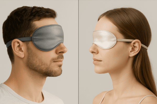 Split-profile view of two people wearing wide and slim silk sleep masks, highlighting fit, coverage, and comfort.