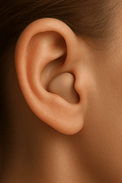 Macro shot of a contoured silicone sleep ear plug fitting smoothly in a healthy ear.
