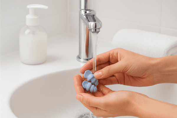Hands gently washing reusable silicone ear plugs at a pristine bathroom sink.