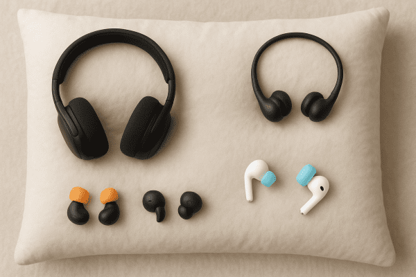 Assorted sleep headphones and colorful ear tips arranged on a plush pillow, showing comfort and fit for side sleepers.