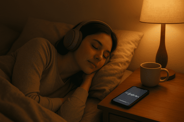 Person sleeping on their side wearing soft headphones, with a phone on the nightstand displaying a white noise app.