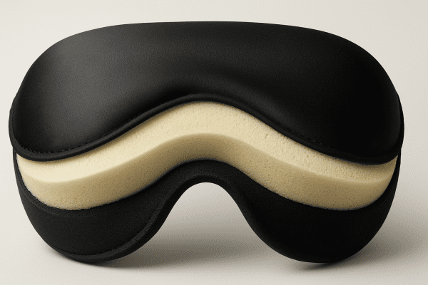Macro cross-section of a blackout sleep mask, showing memory foam, silk, and nose bridge design on a seamless background.