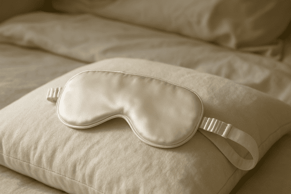 Silk sleep mask with adjustable strap displayed on a plush pillow, highlighting eyelash space and detail.