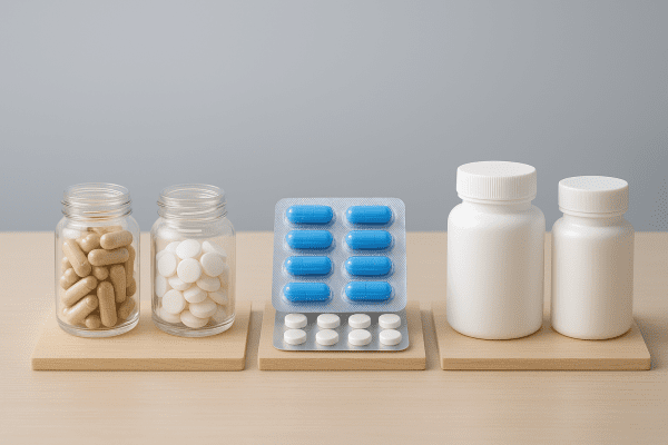 Organized tabletop comparing herbal, OTC, and prescription sleep solutions.