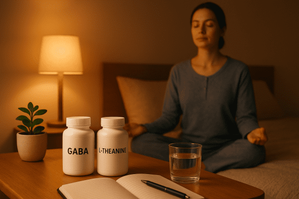 Bedside table with supplements, water, and a journaling setup, person meditating on bed.