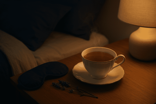 Steaming herbal tea on a bedside table with sleep mask, lavender, and a glowing lamp, cozy bedding behind.