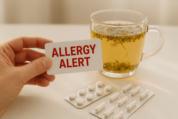 Hand holding 'allergy alert' card next to herbal sleep tea and unmarked medication blisters on a sunlit counter.