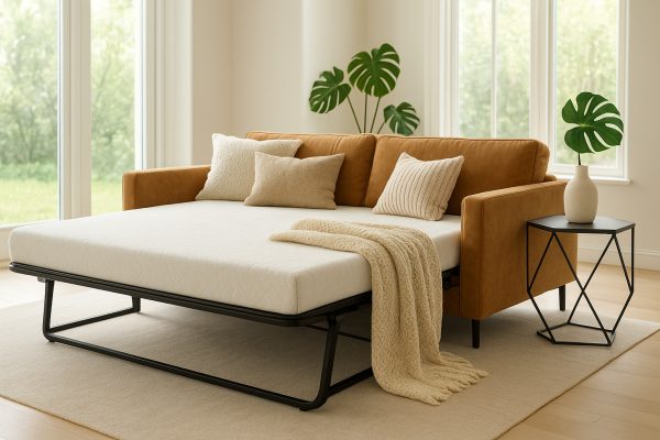 Luxurious modern sofa bed with velvet upholstery and memory foam mattress, in a sunlit minimalist living room.