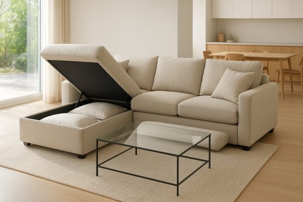 Contemporary sectional sofa bed with open storage area, bedding, and arranged cushions in a sunlit room.