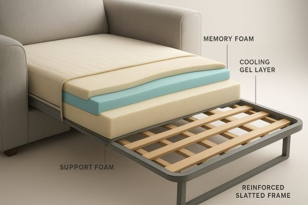Cutaway close-up of sofa bed mattress showing memory foam, cooling gel layer, and reinforced frame.
