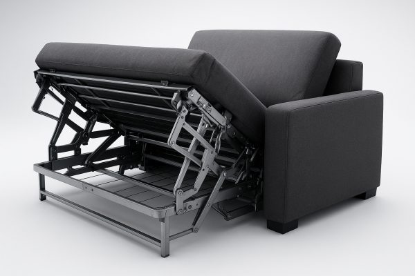 Mid-motion convertible sofa bed with exposed steel mechanism, safety locks, and soft-close hinges.