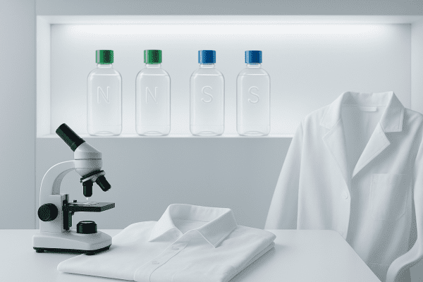 Minimalist laundry studio with transparent bottles showing stain remover ingredients, and a microscope focusing on a droplet.